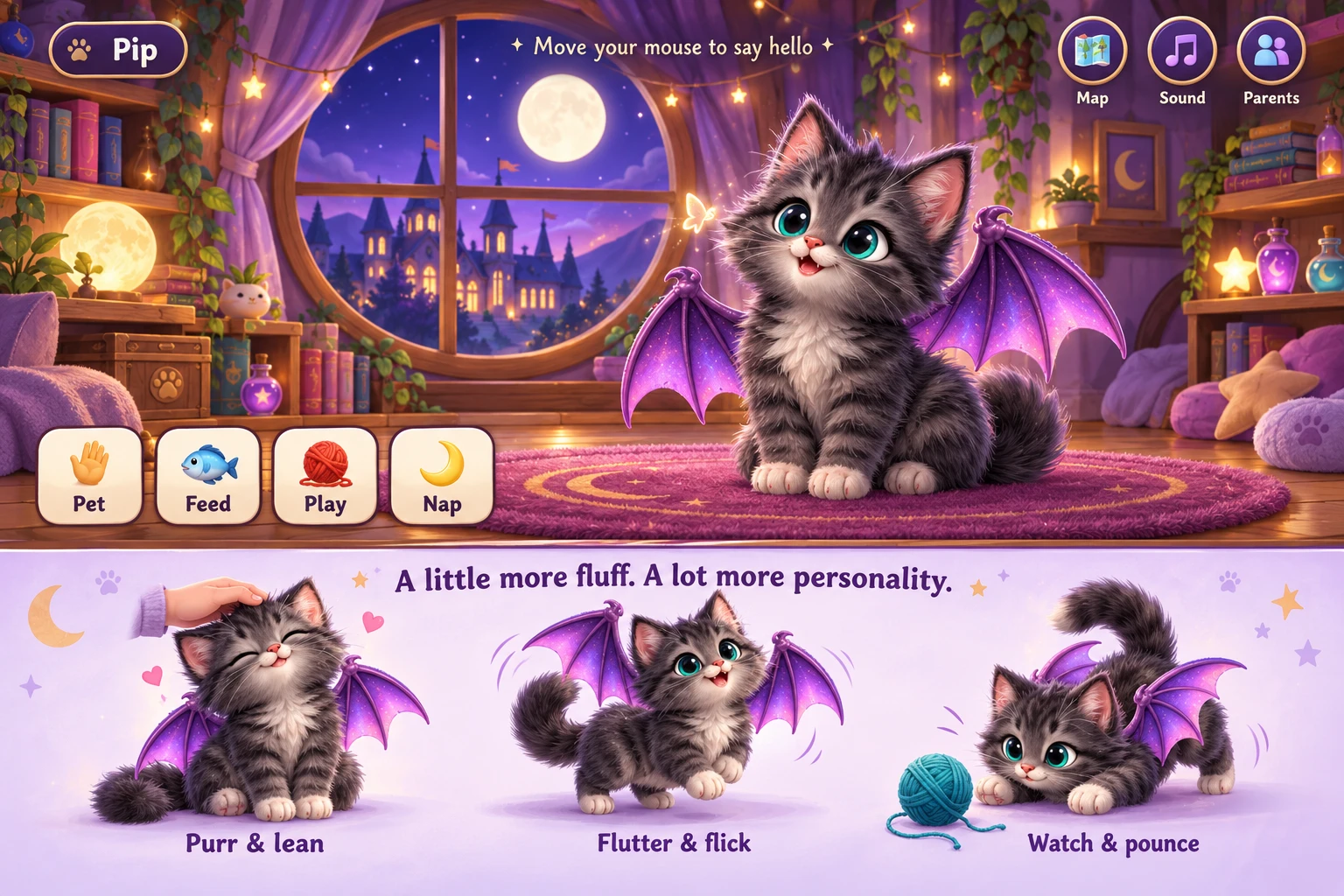 Fluffy dark tabby with purple wings in a cozy moonlit room, with petting, flying and pouncing poses.